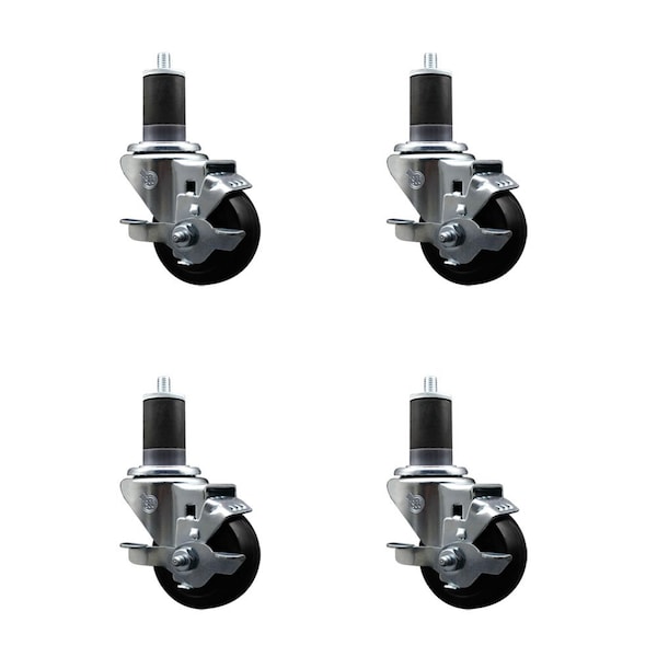 3'' Hard Rubber Swivel 1-5/8'' Expanding Stem Caster Set with Brake, 4PK